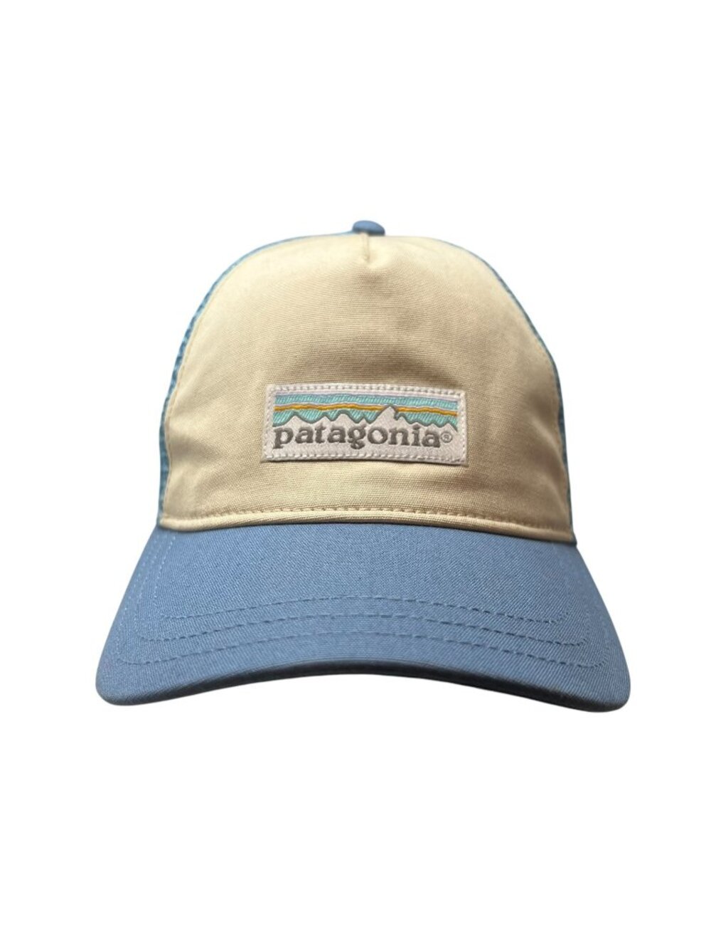 Patagonia Trucker Hat Blue Tan Mesh Snapback P-6 Logo Outdoor Hiking Cap Unisex